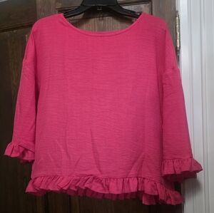 SHEIN Hot Pink Ruffle-Hem Long Sleeve Top